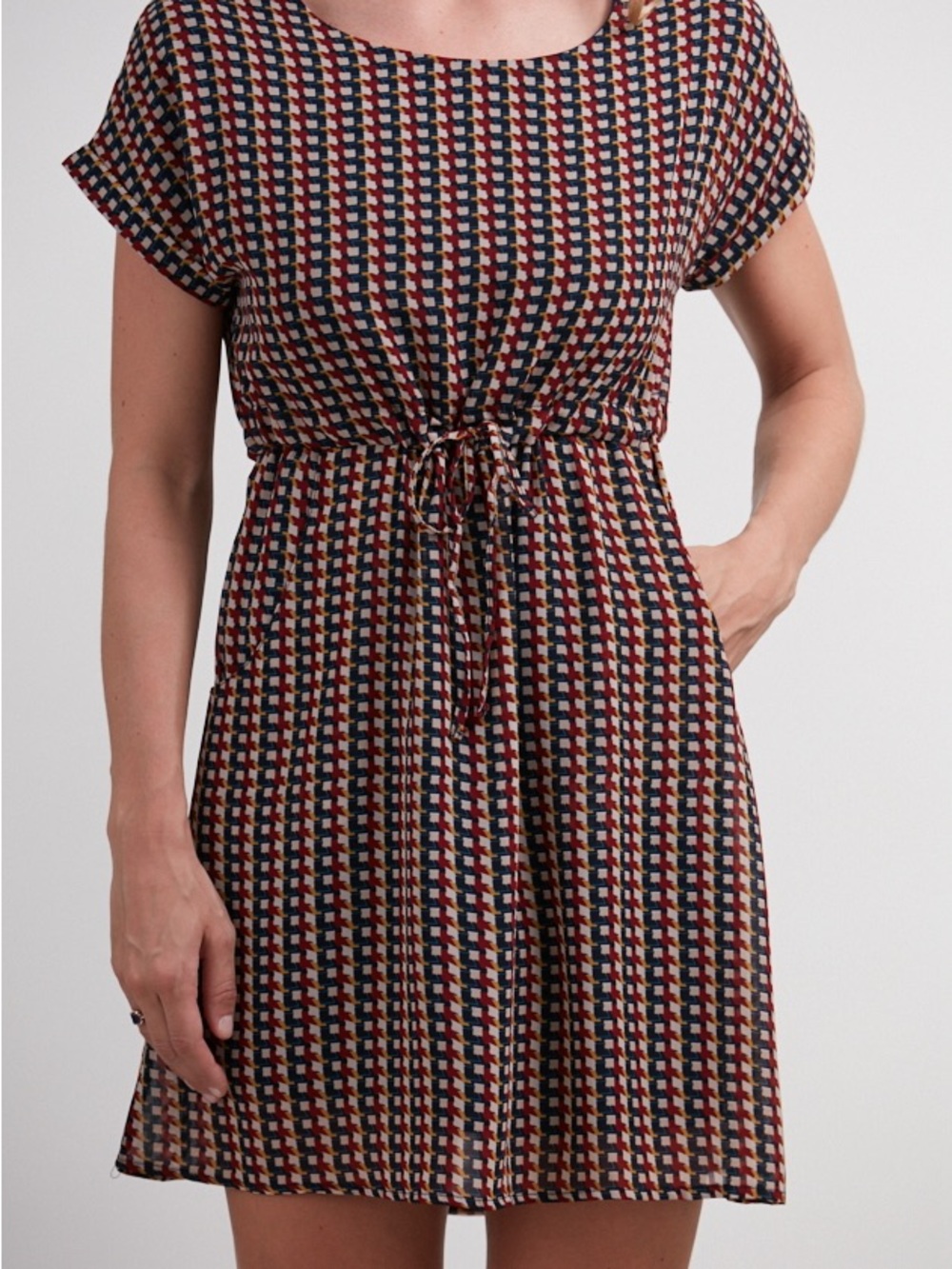 Blue, Red, Cream, and Yellow Geometric Dress with 2 Pockets by SM WARDROBE -M-